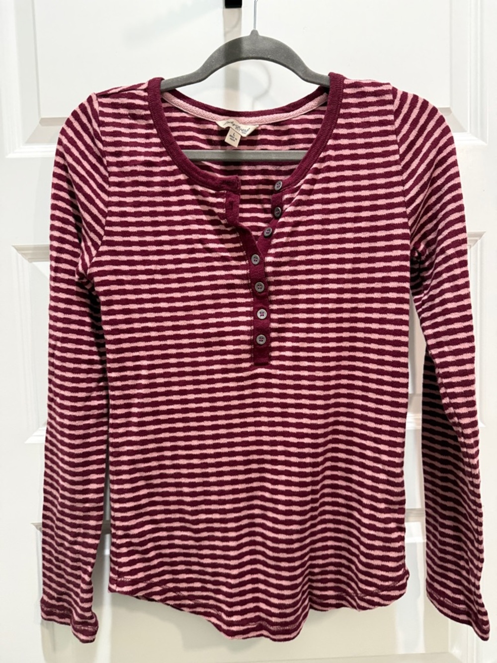 Lucky Brand Striped Henley Long Sleeve Top - Burgundy & Pink